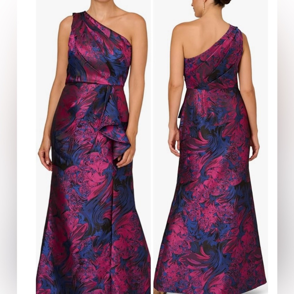 Adrianna Papell One Shoulder Dress in Fuscia and Blue